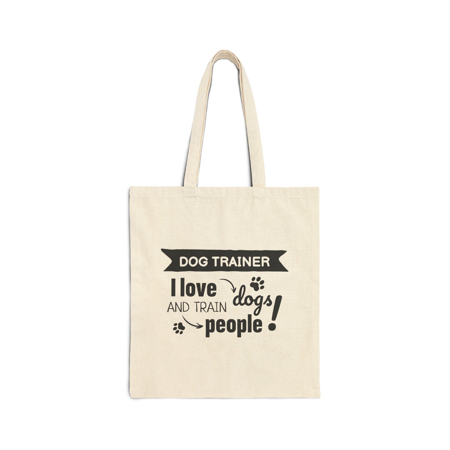 Beige tote bag with text 'Dog Trainer I love dogs and train people' on a white background