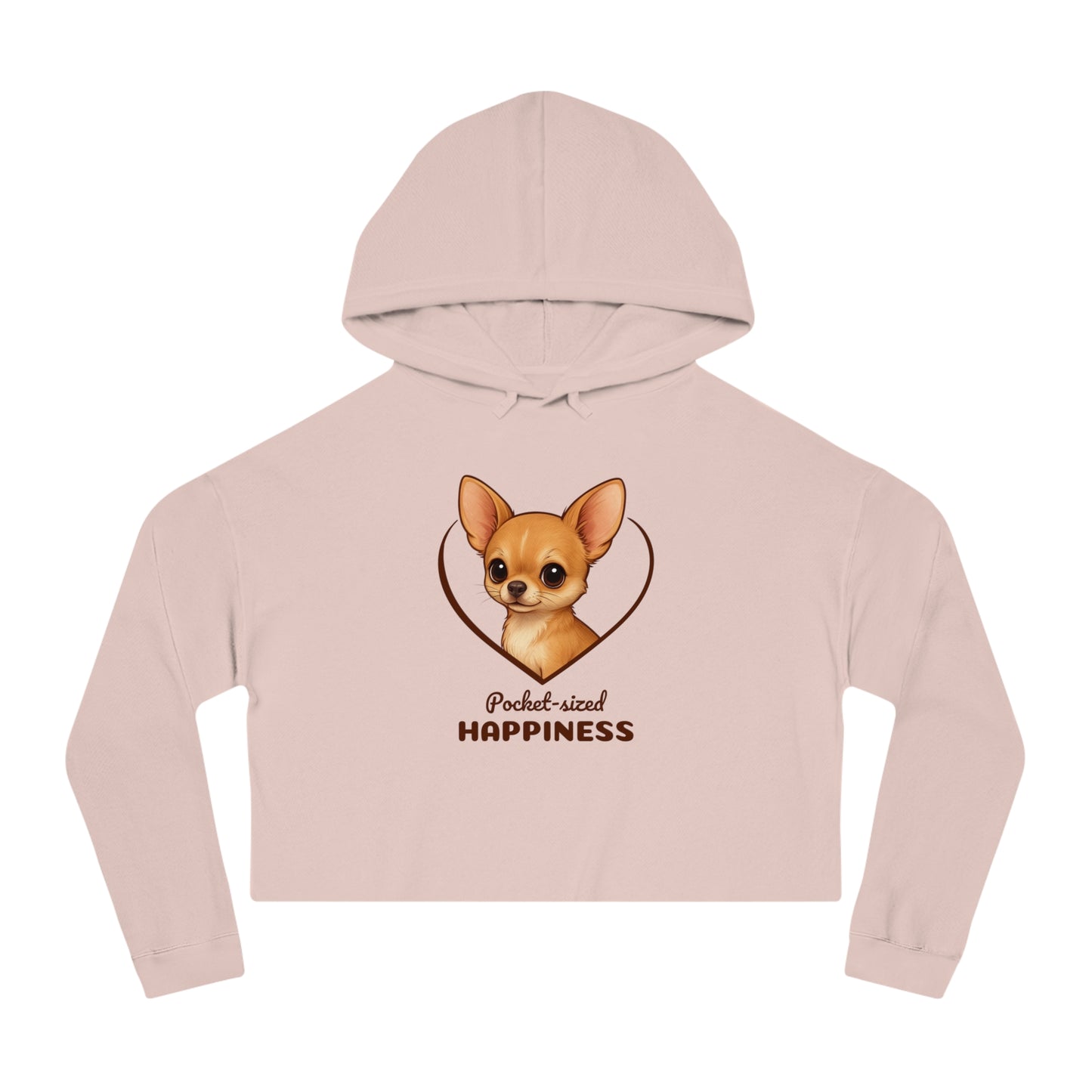 Pink cropped hoodie with a dog graphic and text on a white background