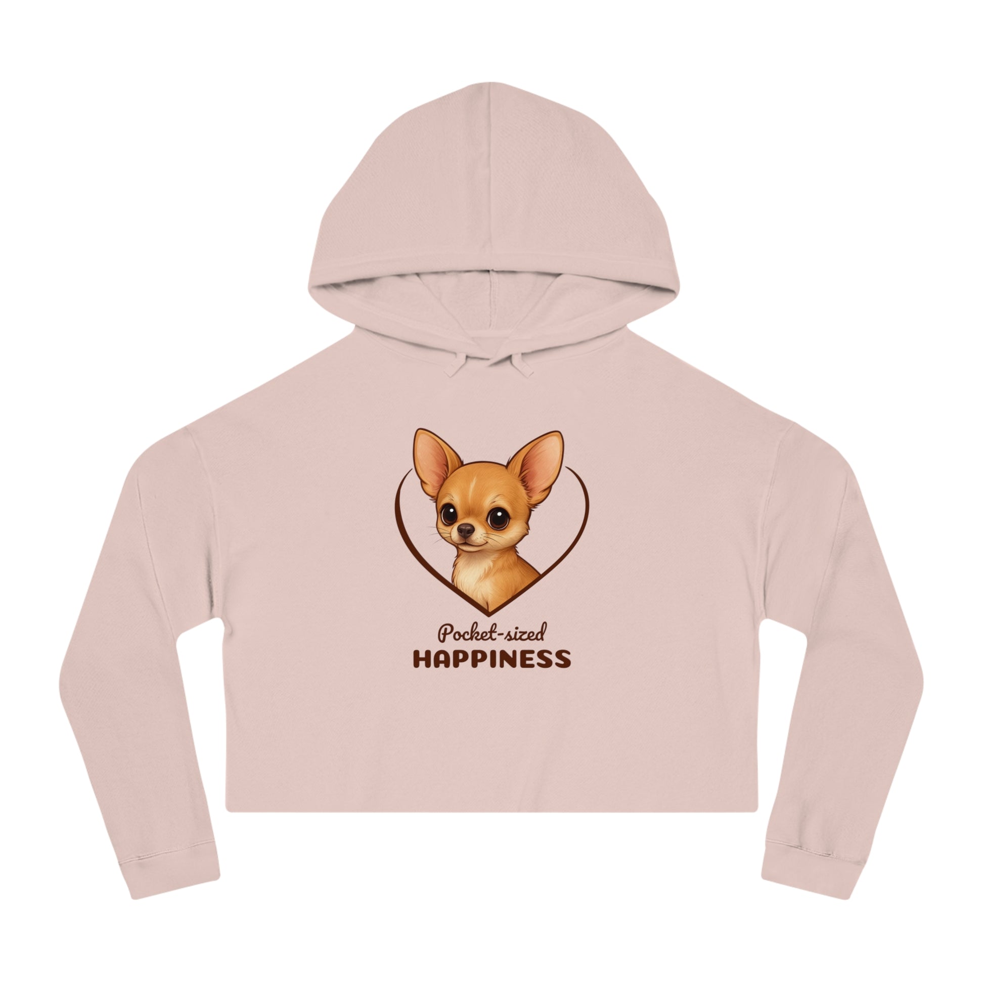 Pink cropped hoodie with a dog graphic and text on a white background