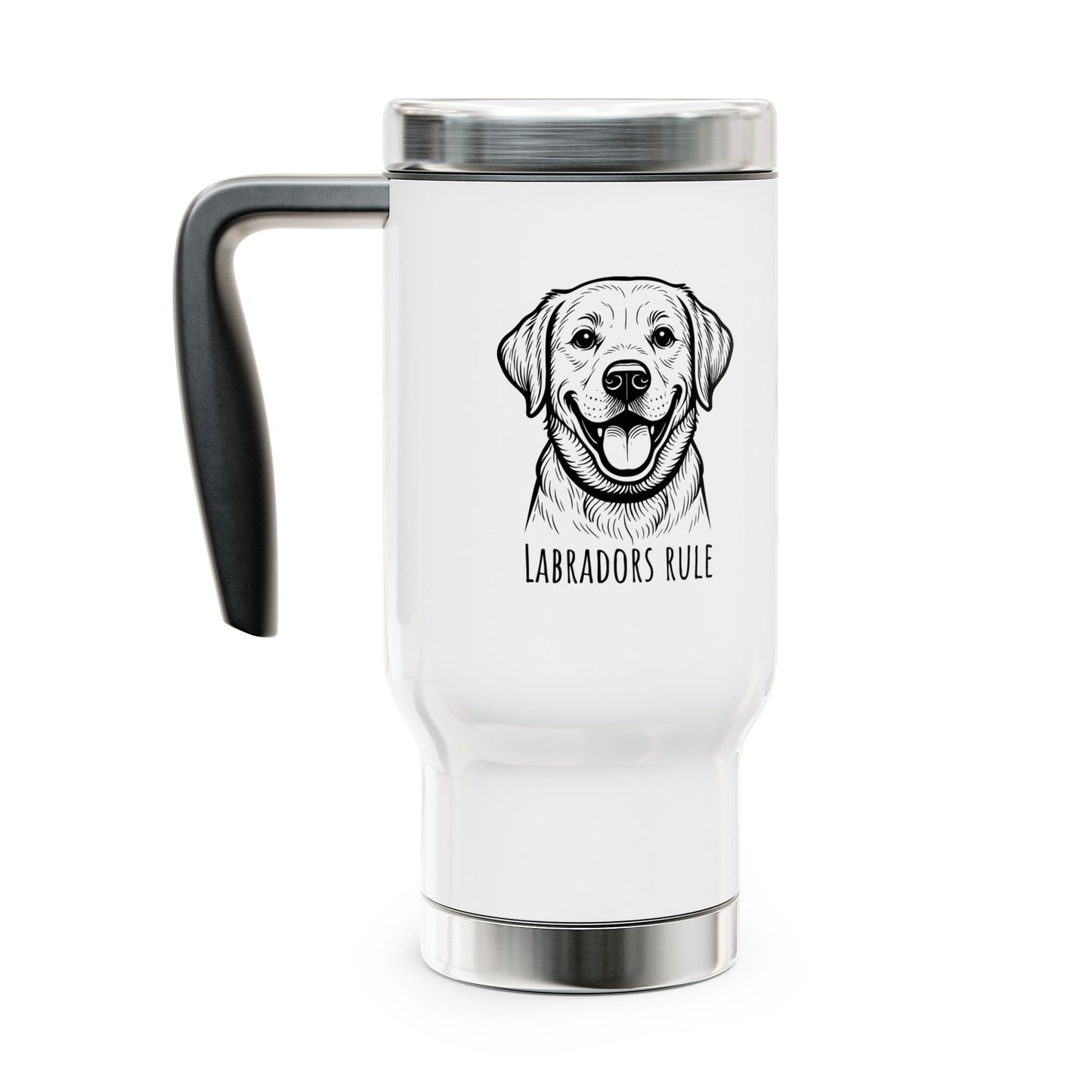 White travel mug with a black handle featuring a dog illustration and 'Labradors Rule' text on a white background.