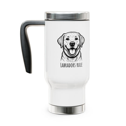 White travel mug with a black handle featuring a dog illustration and 'Labradors Rule' text on a white background.