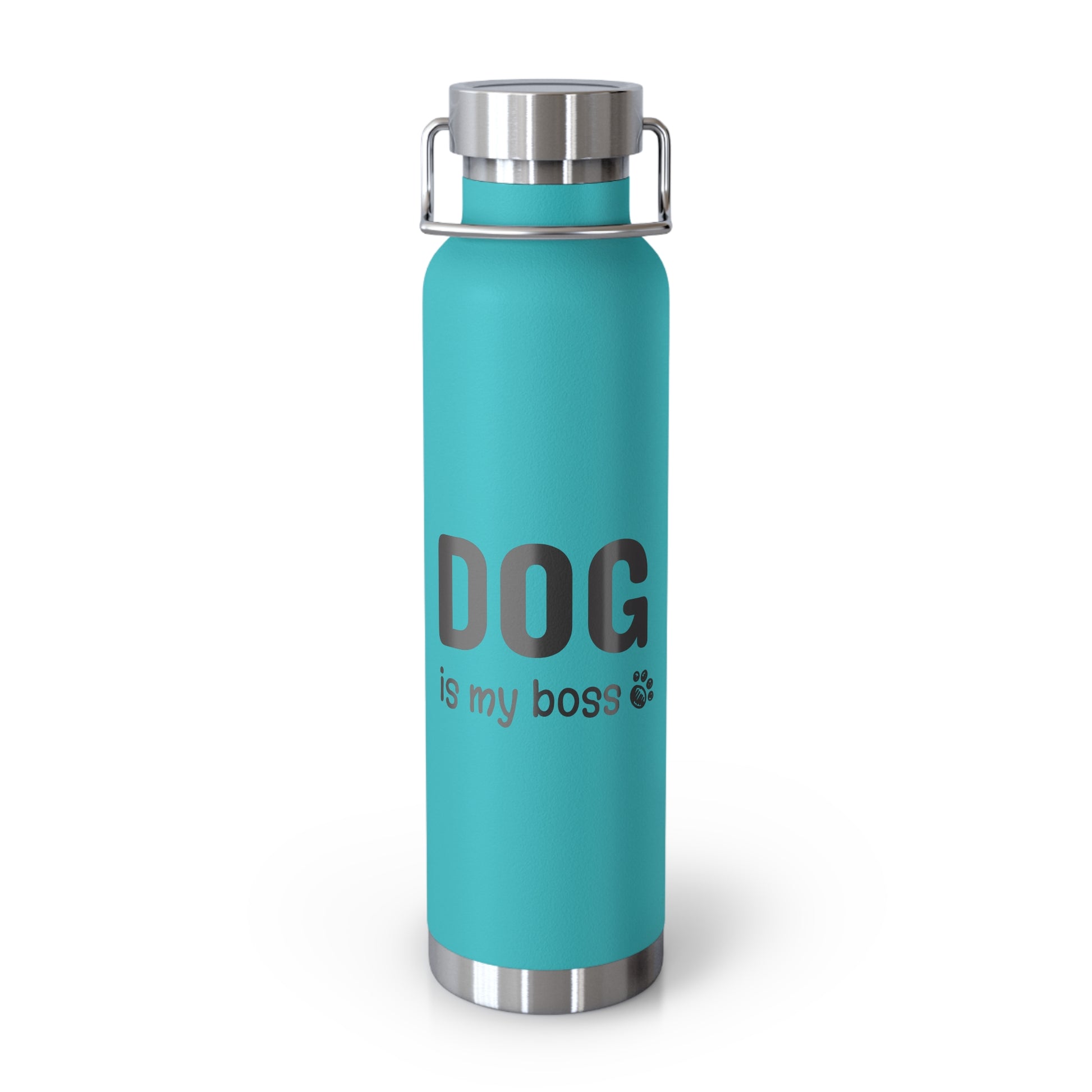 Turquoise water bottle with 'DOG is my boss' text on a white background