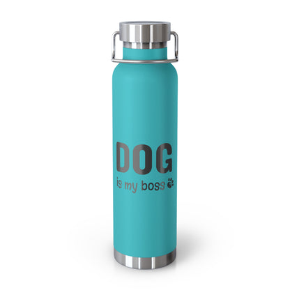 Turquoise water bottle with 'DOG is my boss' text on a white background