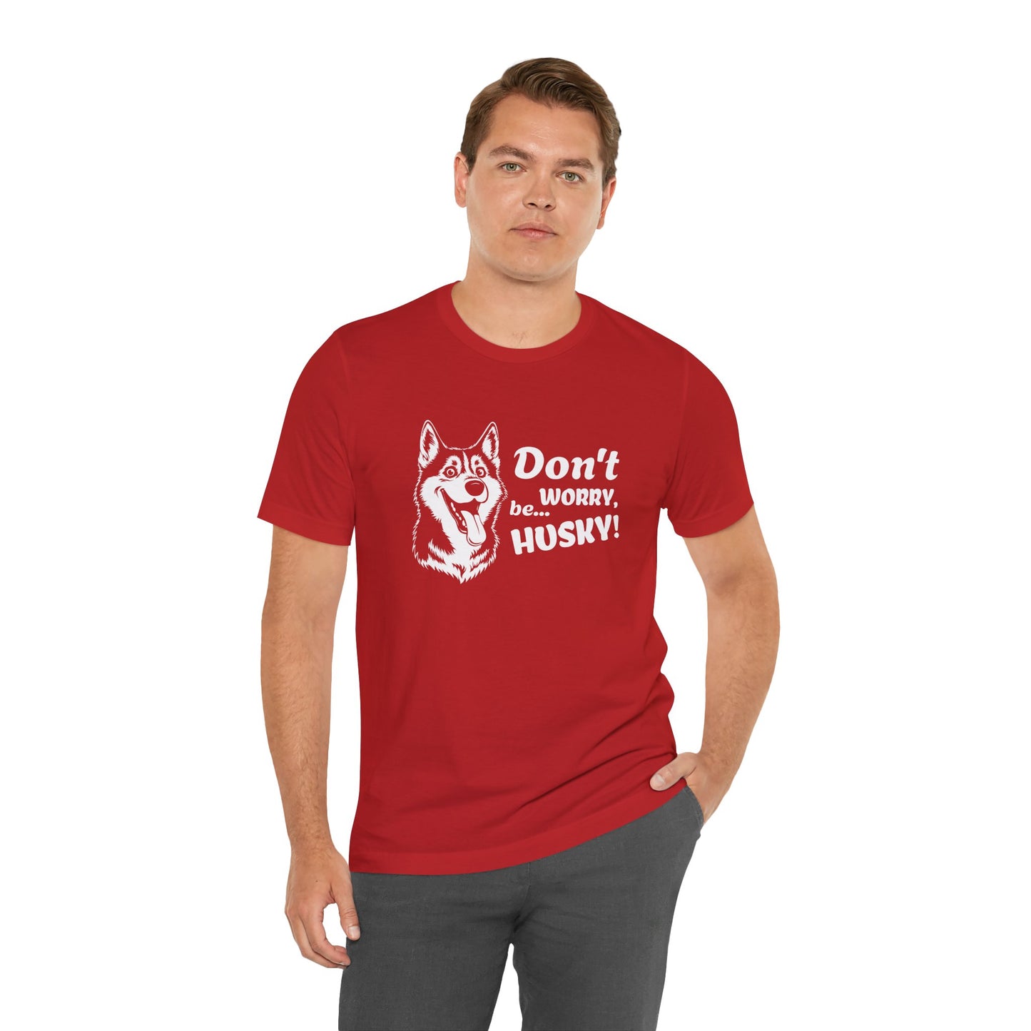 Man wearing a red t-shirt with a husky graphic and text on a white background