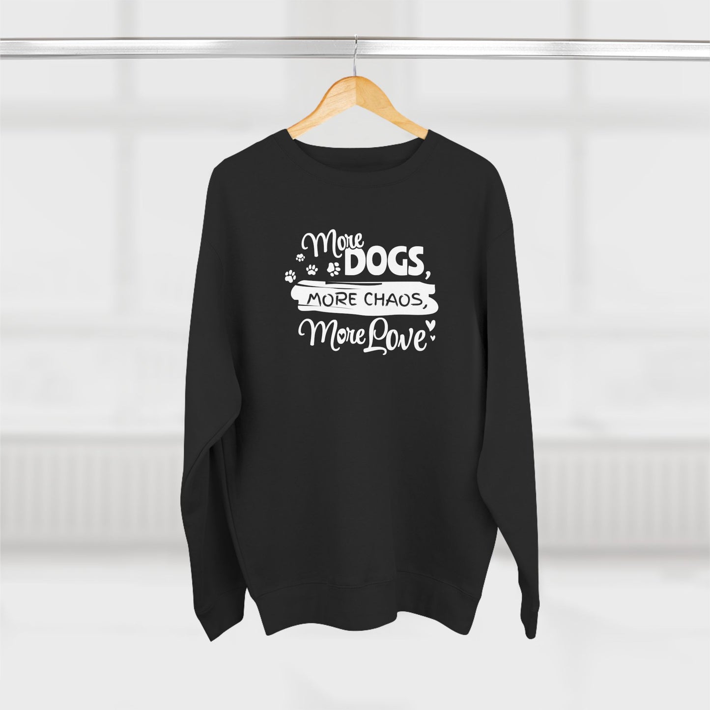 Black sweatshirt with white text on a hanger against a white background