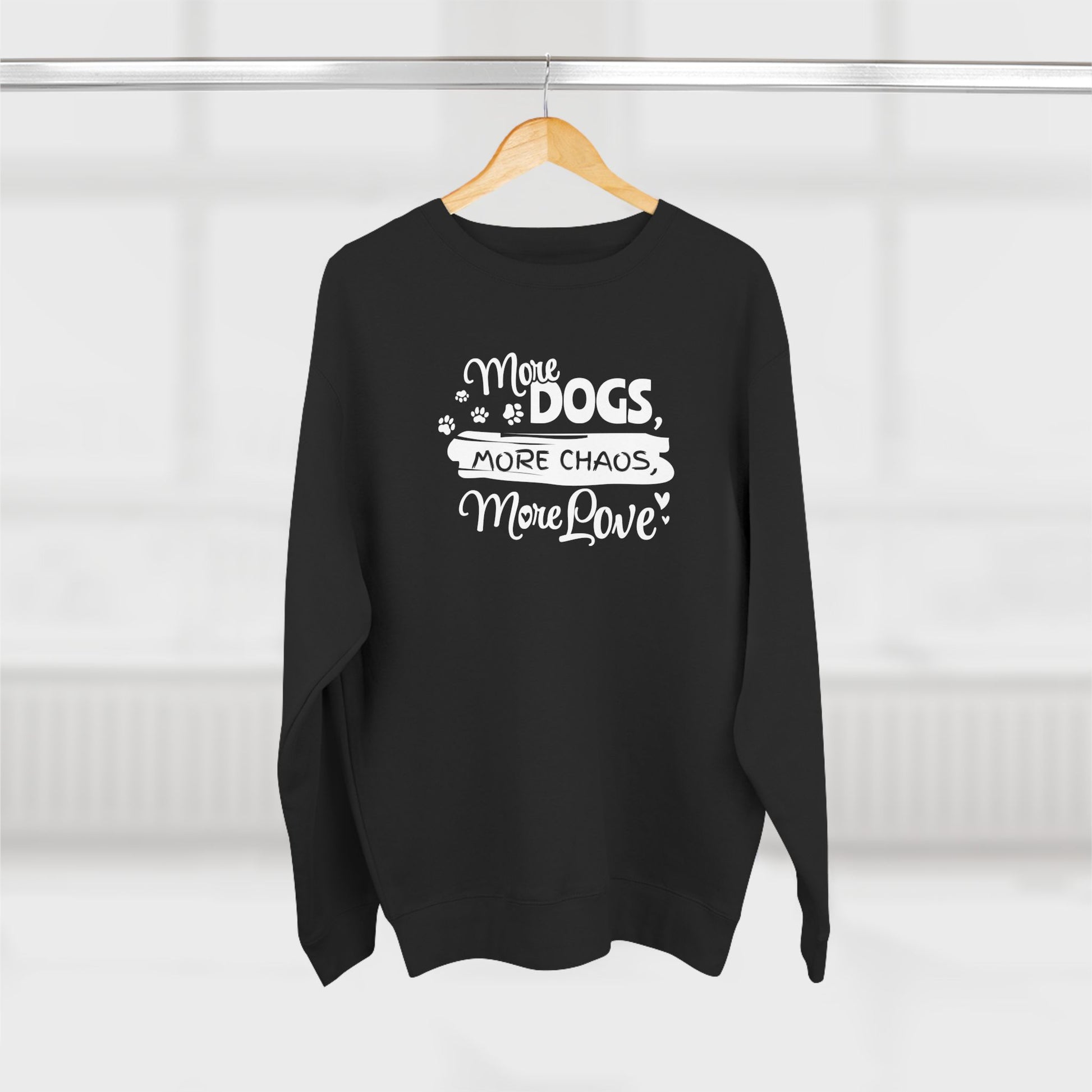Black sweatshirt with white text on a hanger against a white background