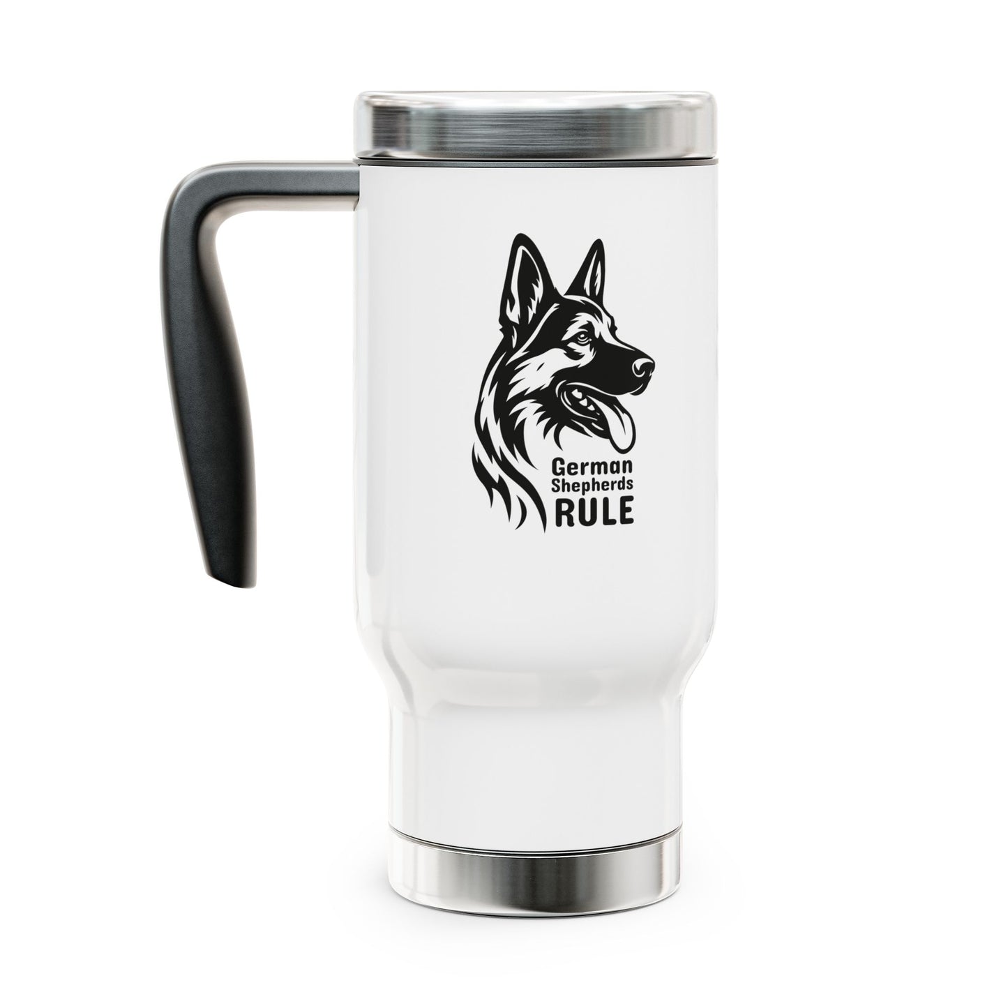 White travel mug with black handle featuring a German Shepherd design and 'German Shepherds Rule' text on a white background.