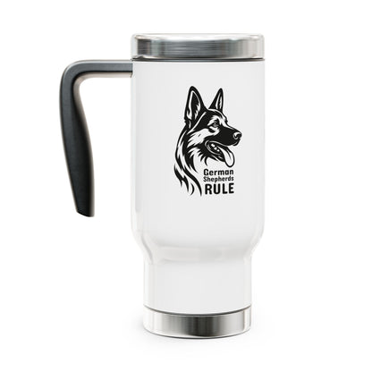 White travel mug with black handle featuring a German Shepherd design and 'German Shepherds Rule' text on a white background.