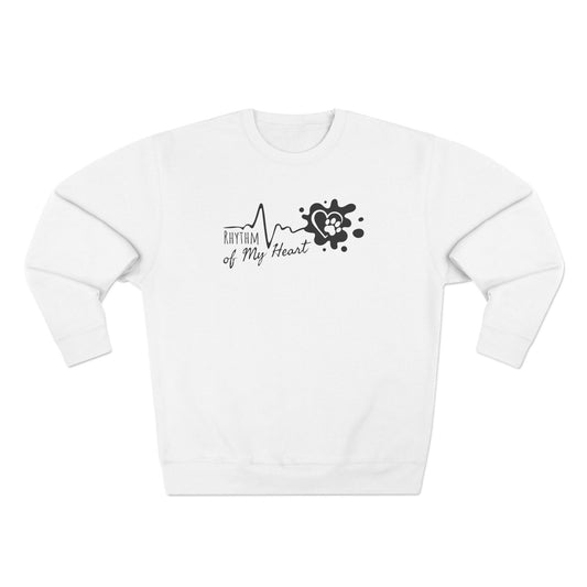 White sweatshirt with black graphic design on a white background