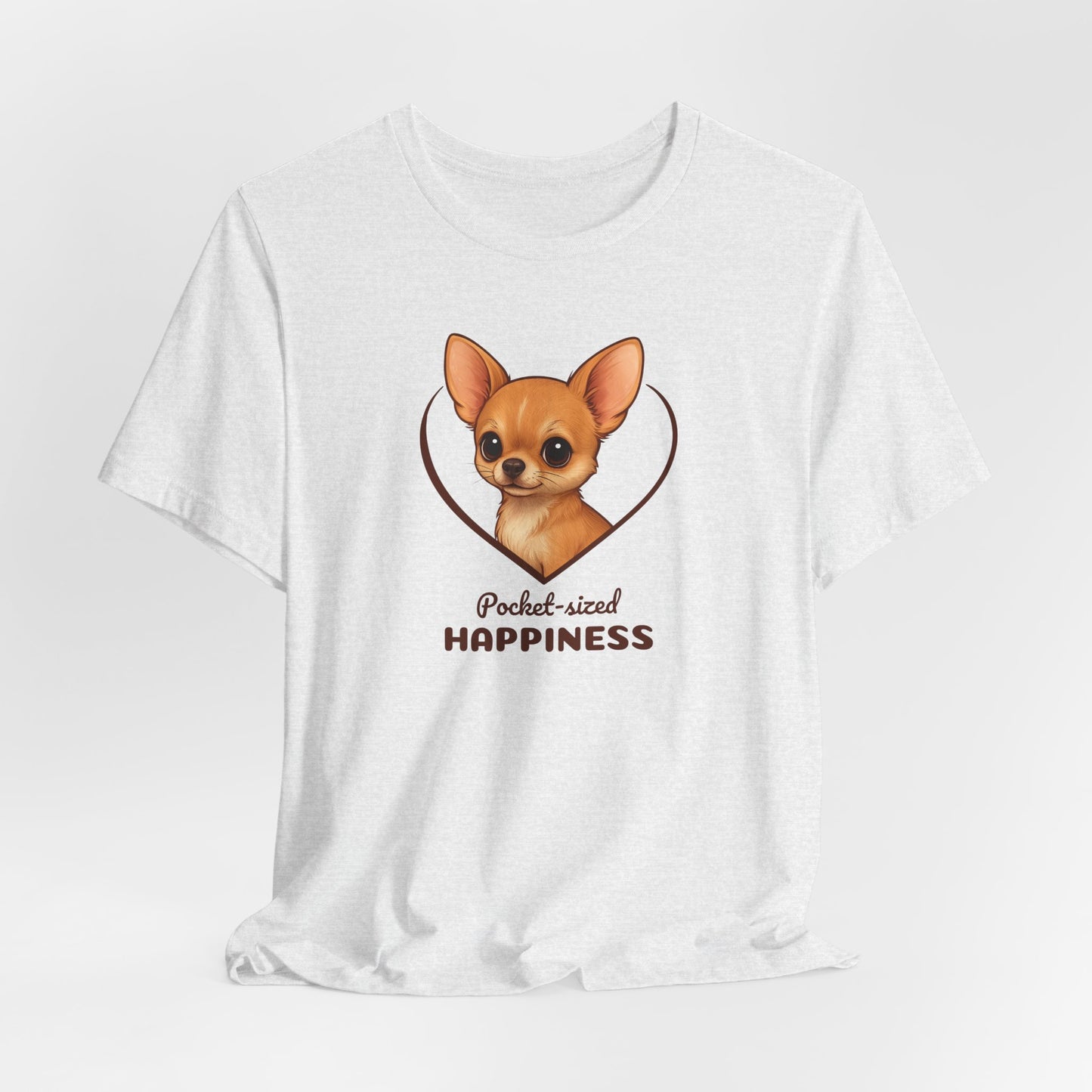White t-shirt with a dog graphic and text 'Pocket-sized Happiness' on a white background