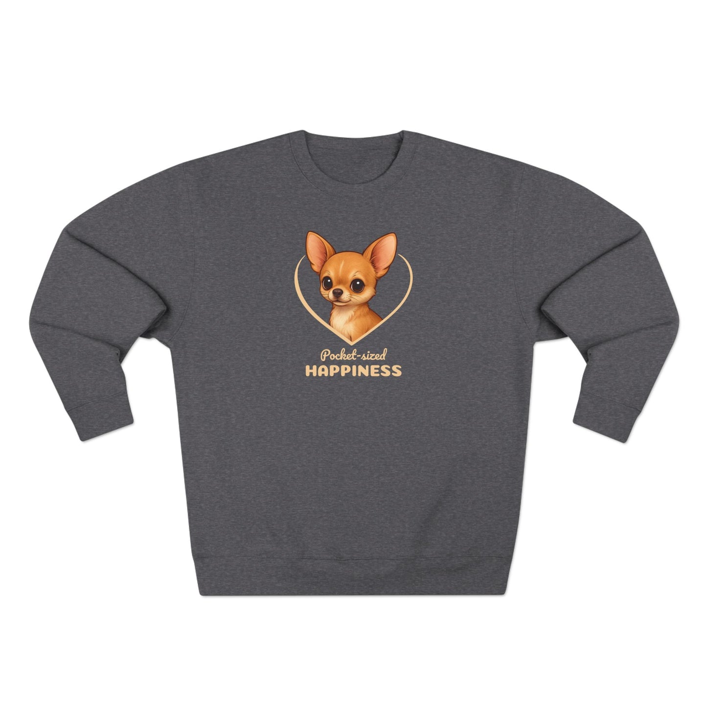 Gray sweatshirt with a dog illustration and text on a white background