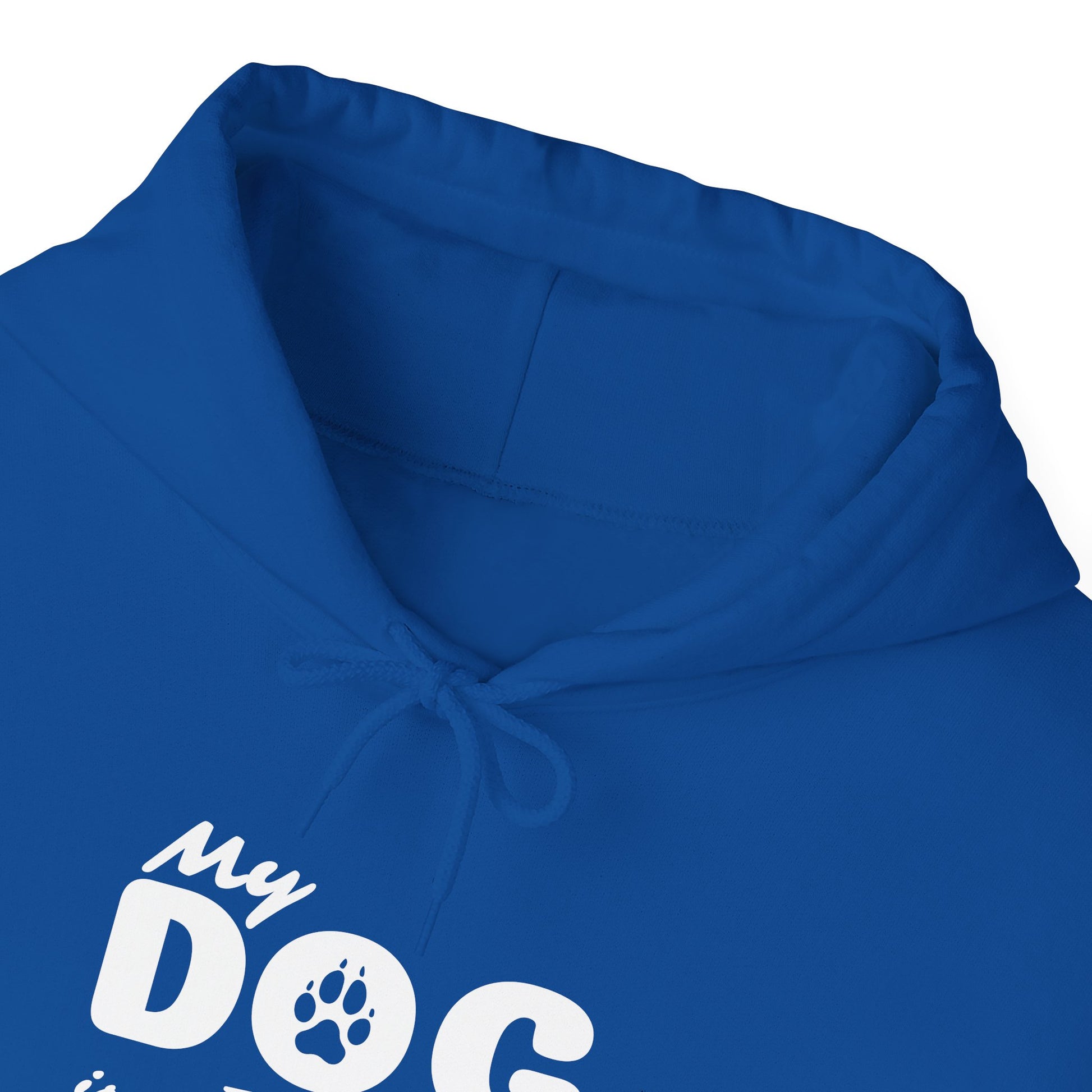 Blue hoodie with 'My Dog' text and paw print on a white background