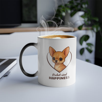 Mug with a dog illustration and 'Pocket-sized Happiness' text, steaming hot.