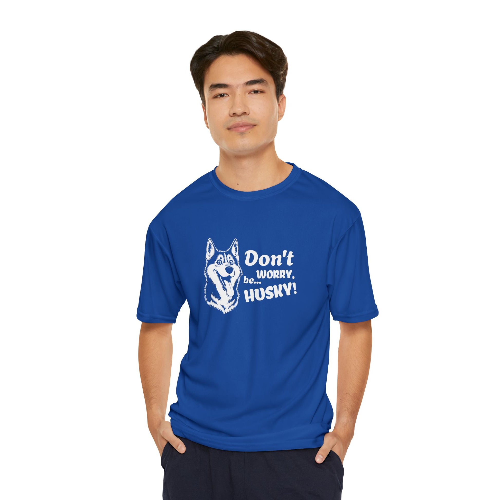 Man wearing a blue t-shirt with a husky graphic and text on a white background