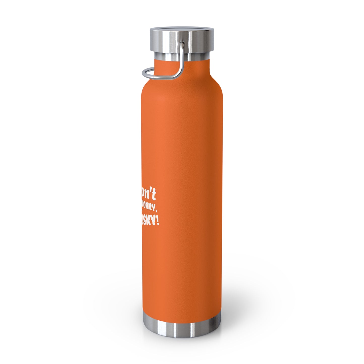 Orange water bottle with silver cap on a white background