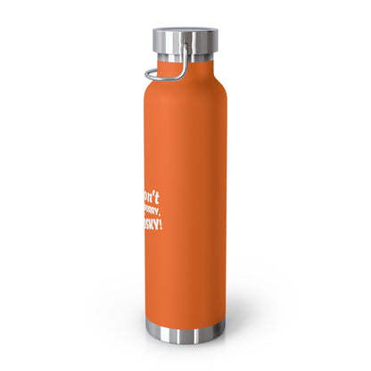 Orange water bottle with silver cap on a white background