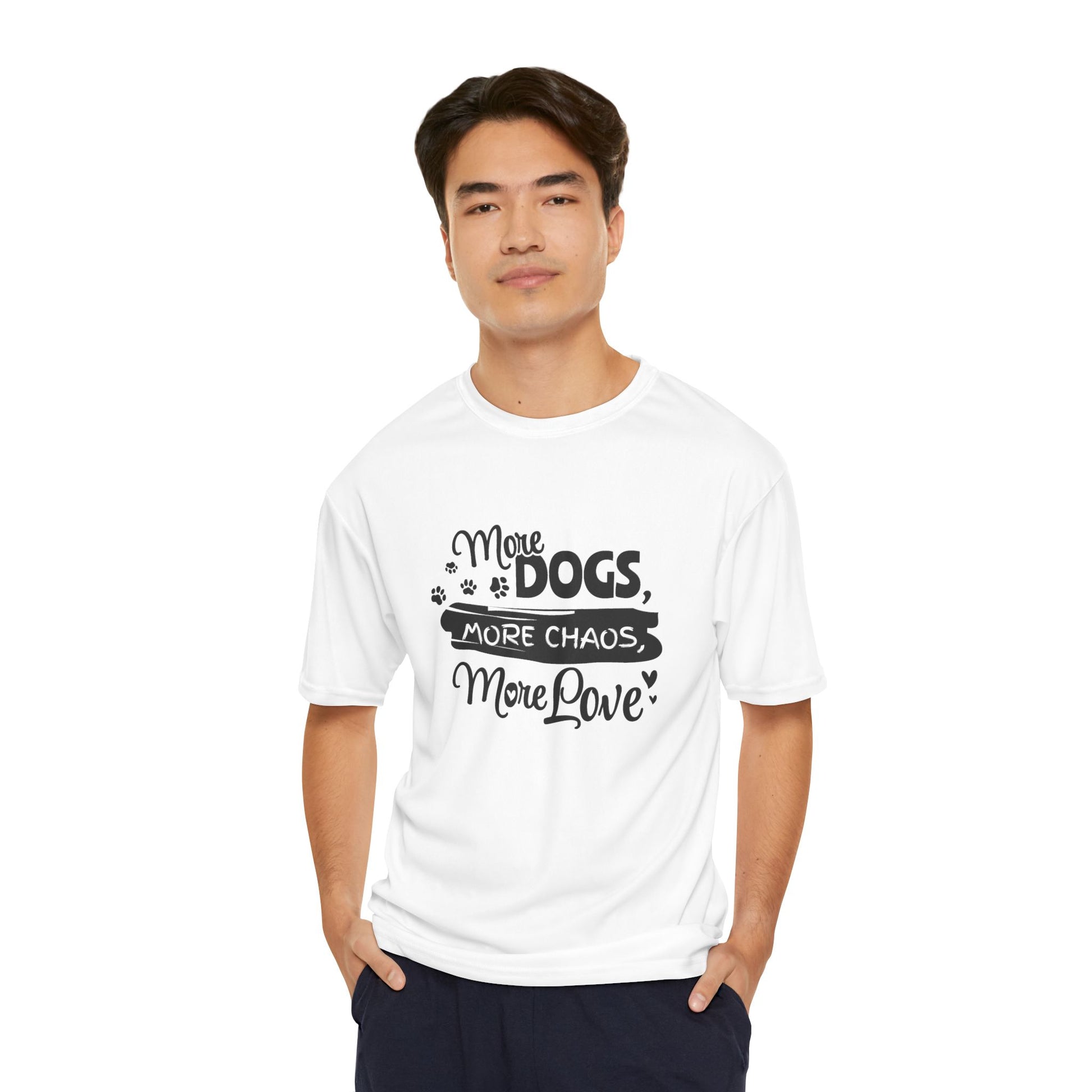 Man wearing a white t-shirt with text design on a white background