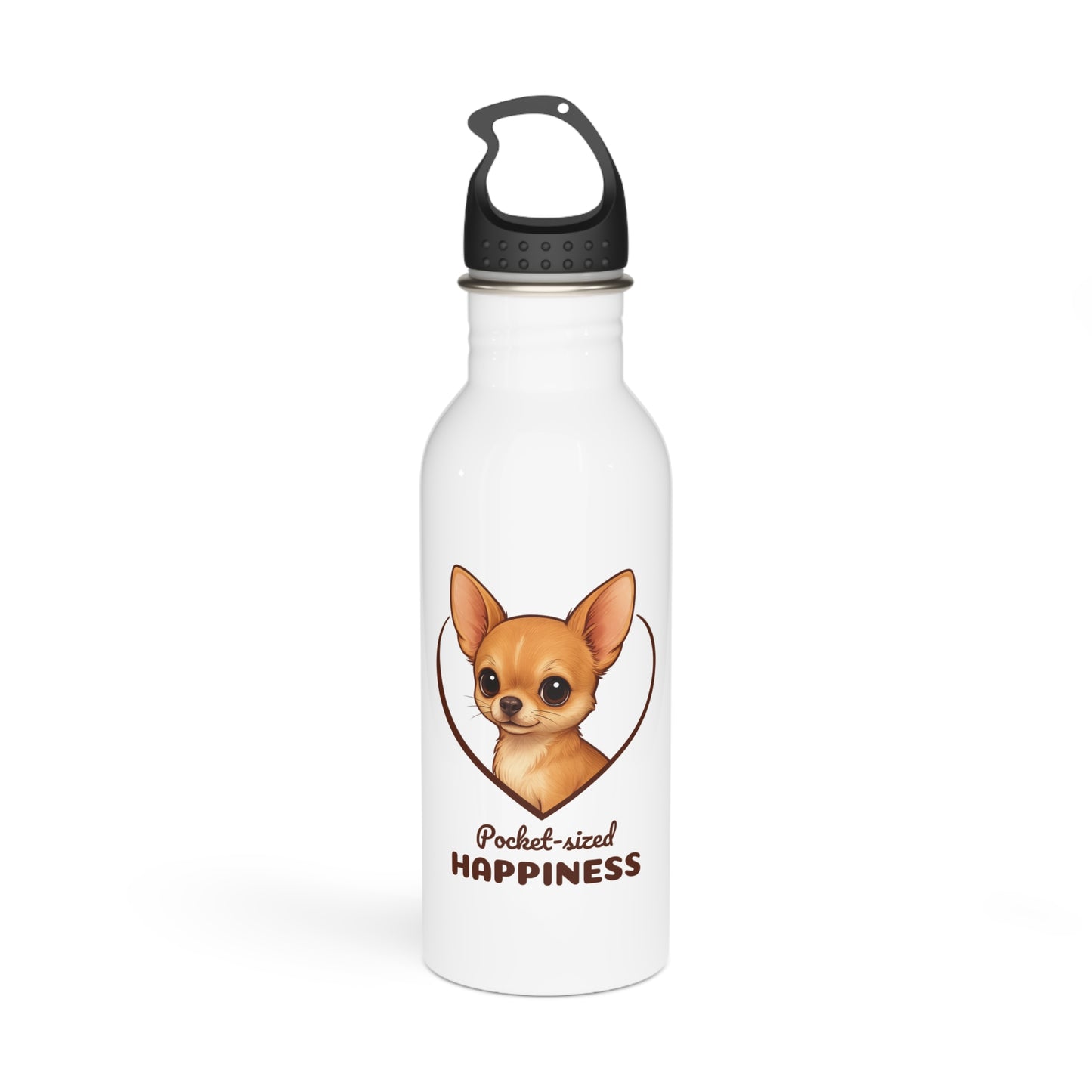 White water bottle with a chihuahua illustration and text on a white background