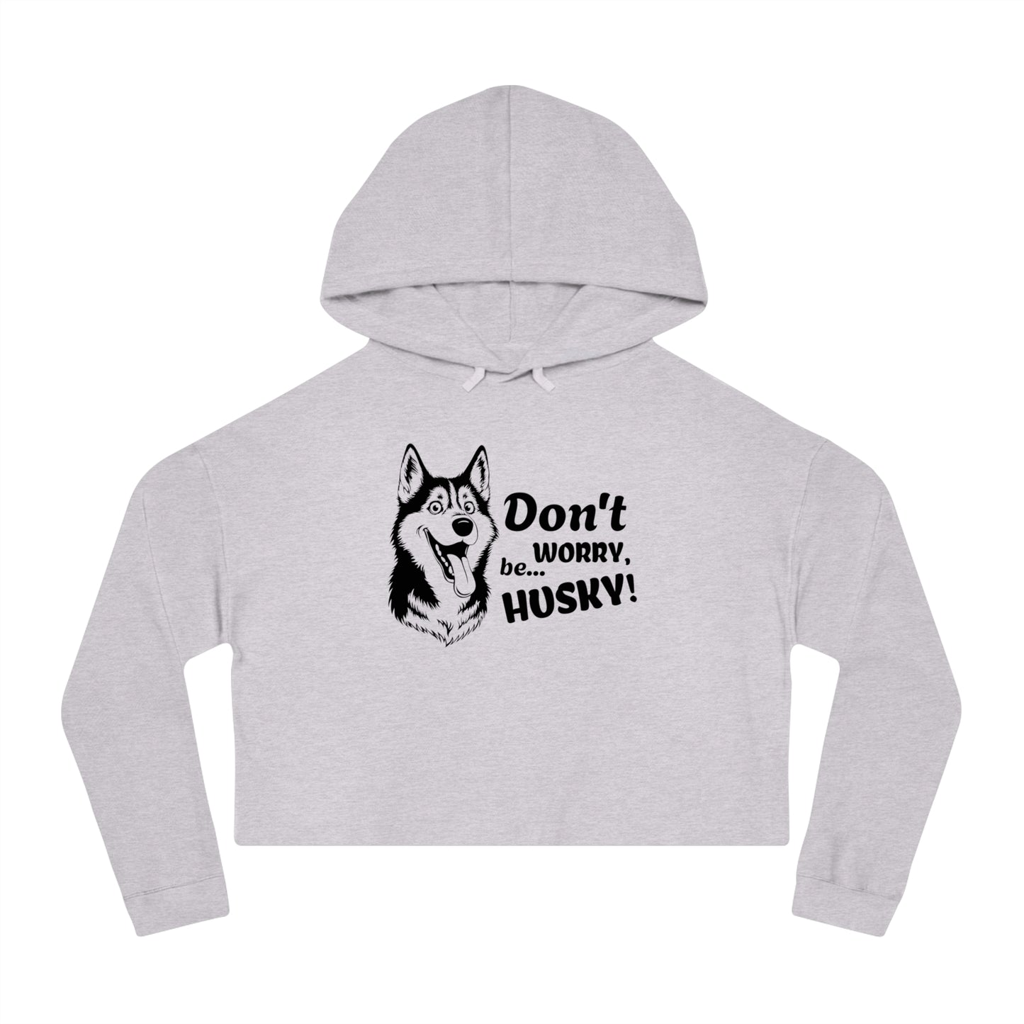 Gray cropped hoodie with husky graphic and text on a white background