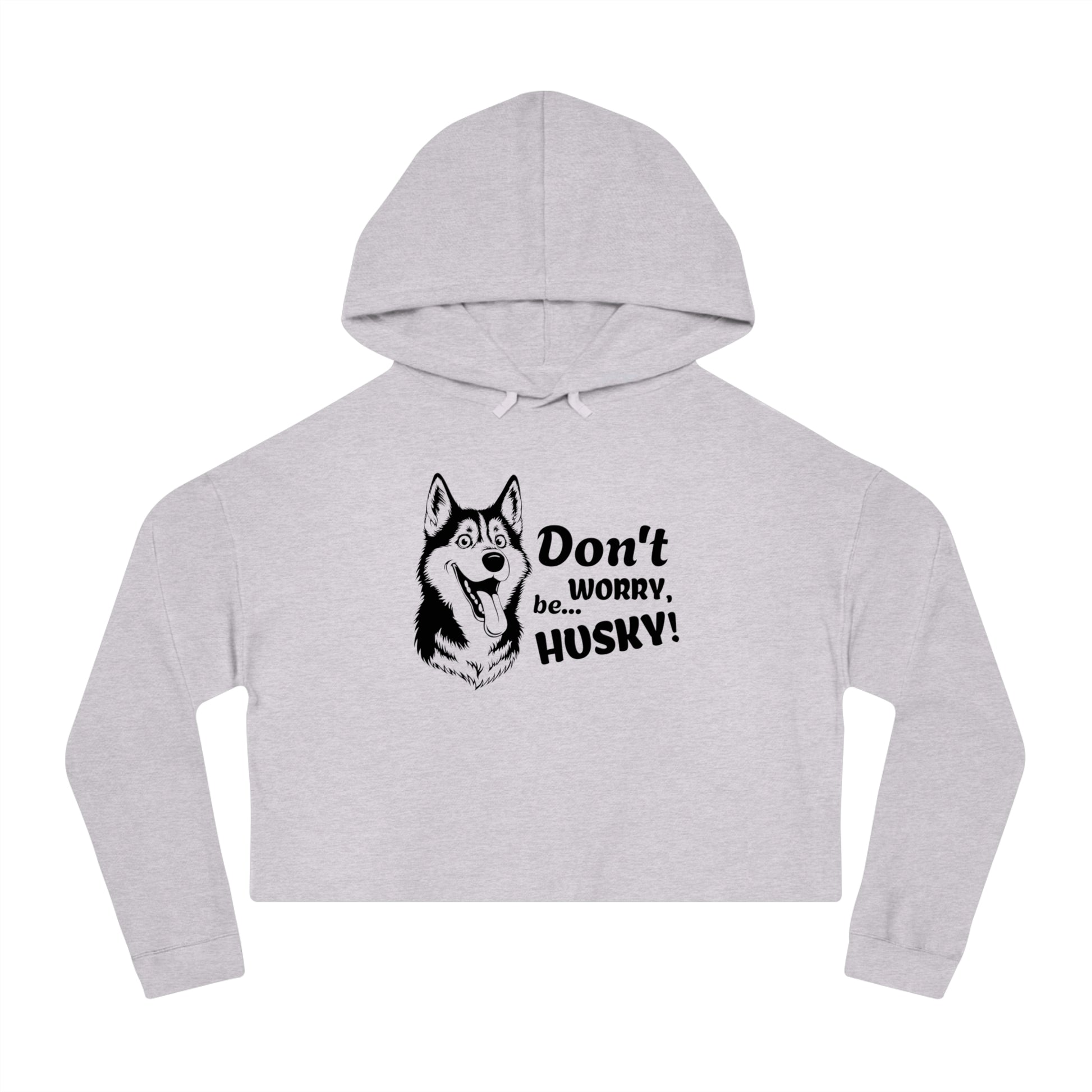 Gray cropped hoodie with husky graphic and text on a white background