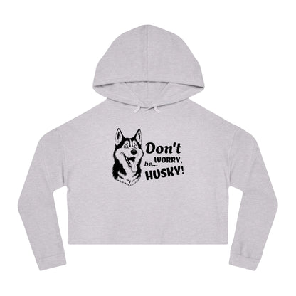 Gray cropped hoodie with husky graphic and text on a white background
