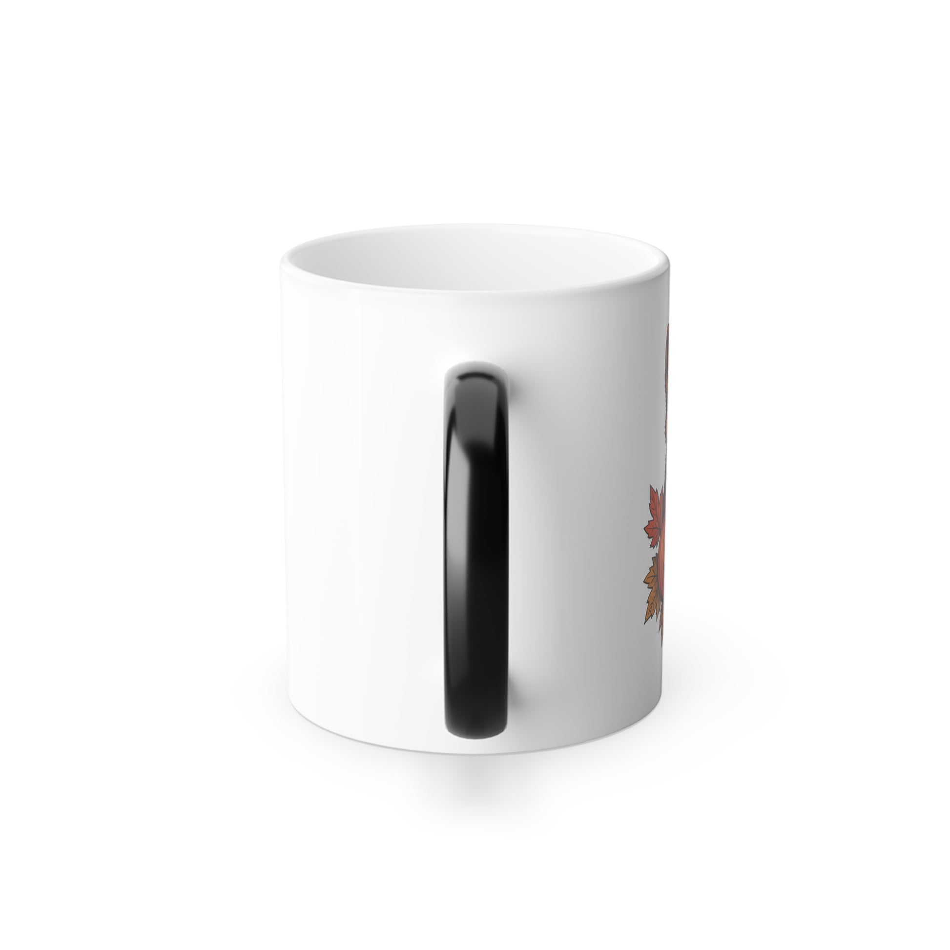 White mug with a black handle on a white background