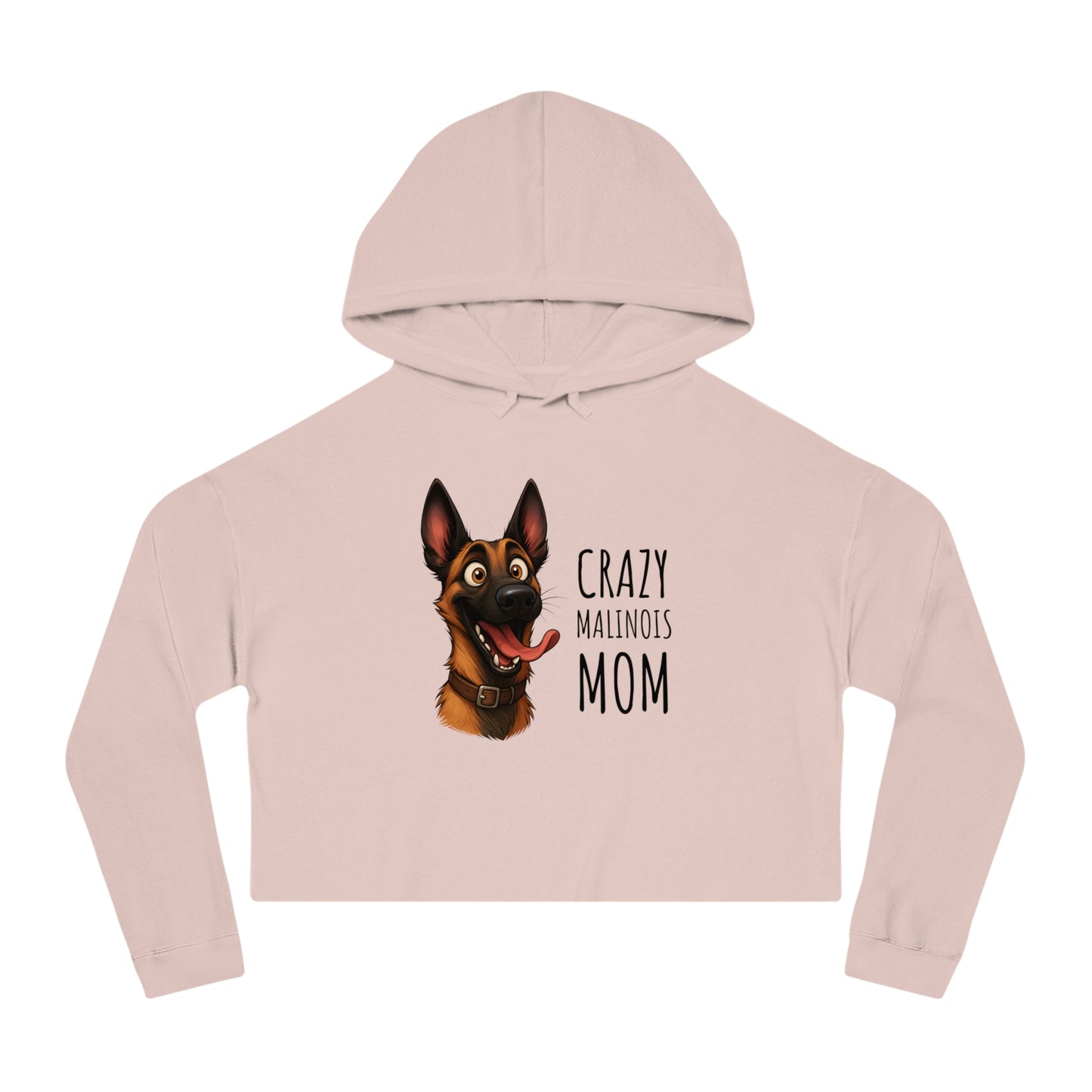 Pink cropped hoodie with a dog graphic and text on a white background