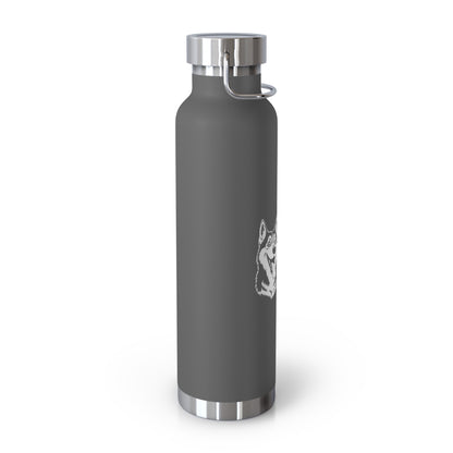 Gray water bottle with a logo on a white background