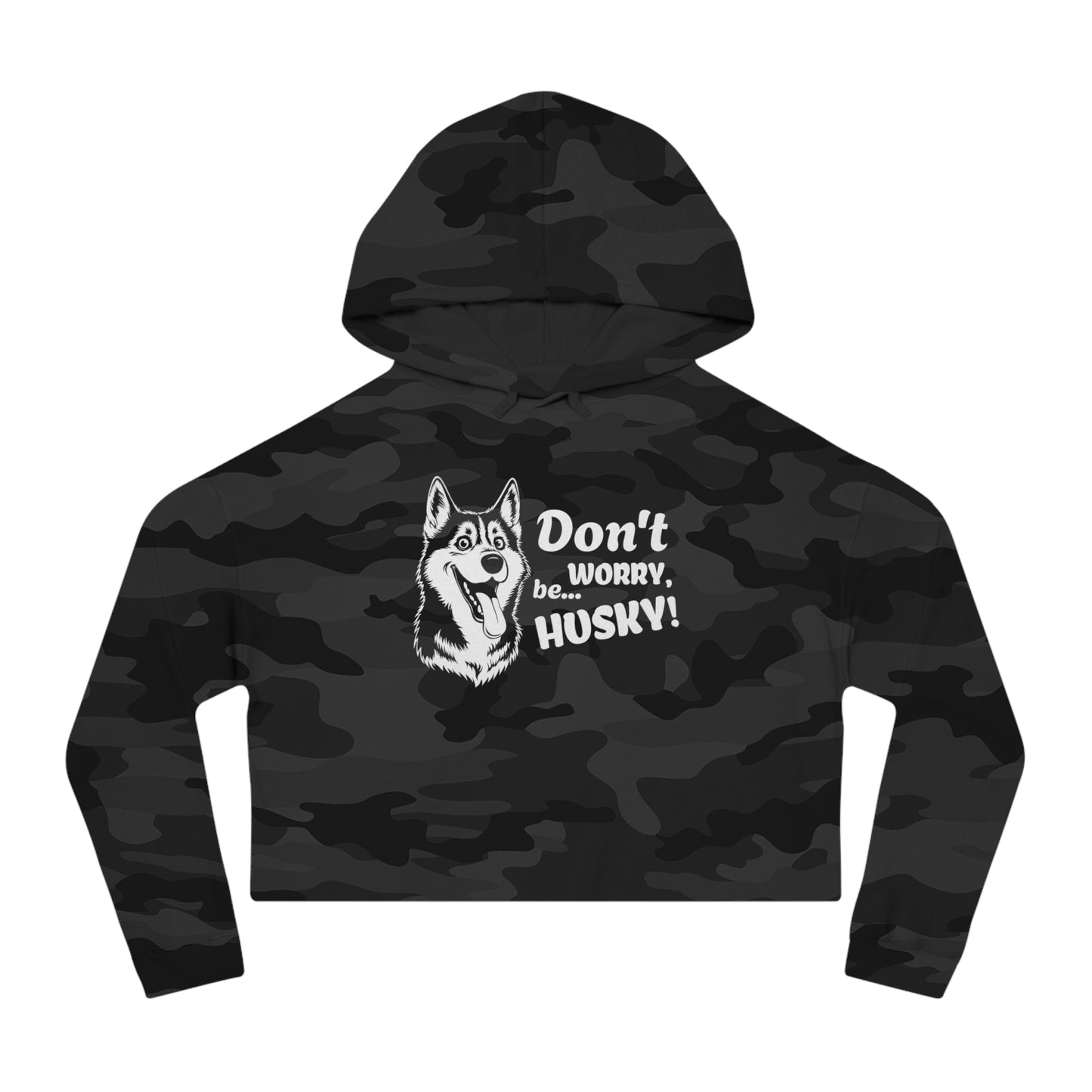 Black camouflage hoodie with husky graphic and text on a white background