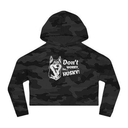 Black camouflage hoodie with husky graphic and text on a white background
