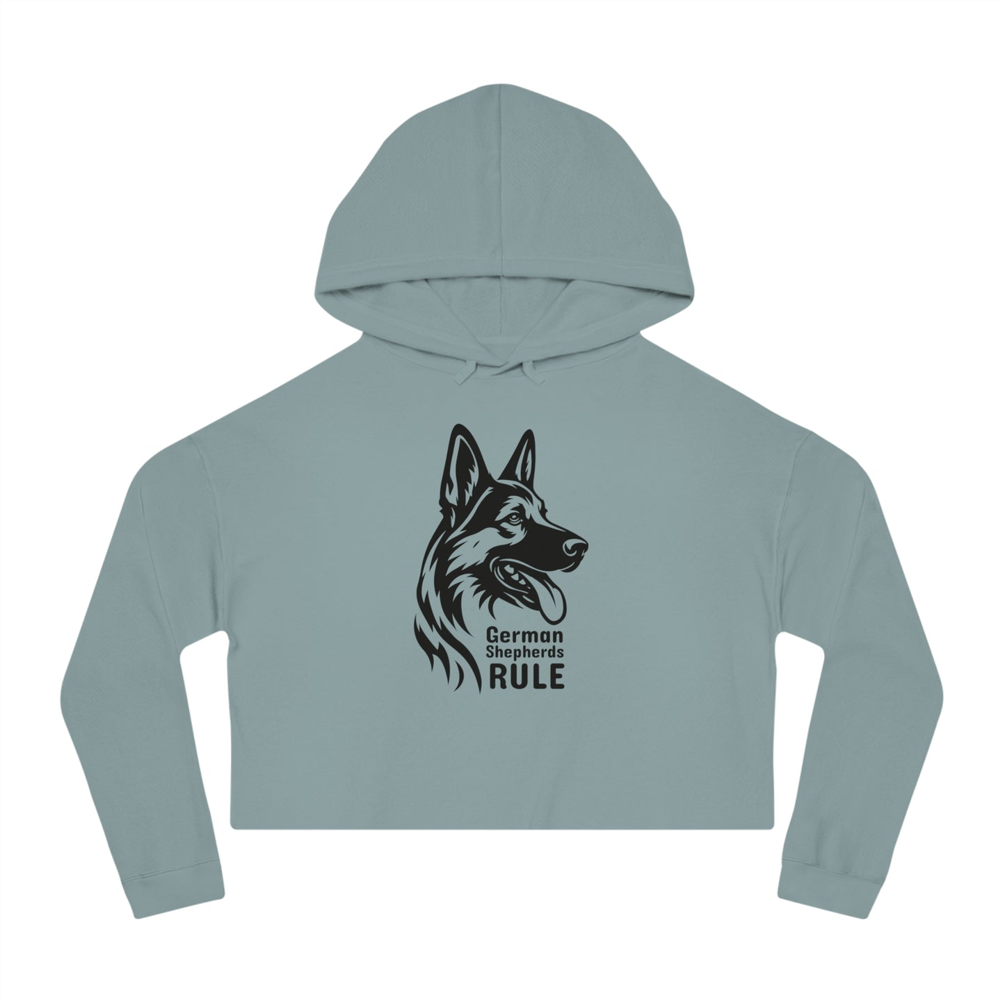 Light blue cropped hoodie with a German Shepherd design and 'German Shepherds Rule' text on a white background.
