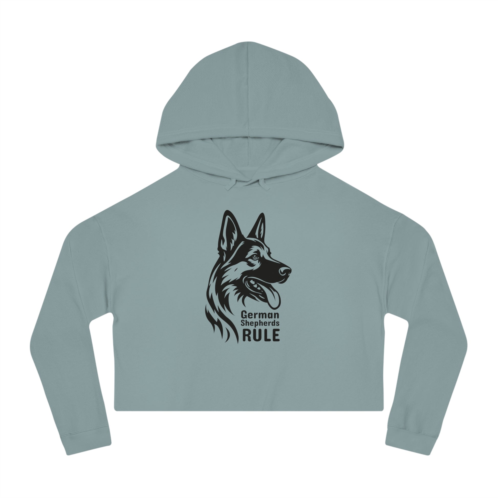 Light blue cropped hoodie with a German Shepherd design and 'German Shepherds Rule' text on a white background.
