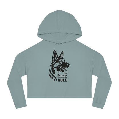 Light blue cropped hoodie with a German Shepherd design and 'German Shepherds Rule' text on a white background.