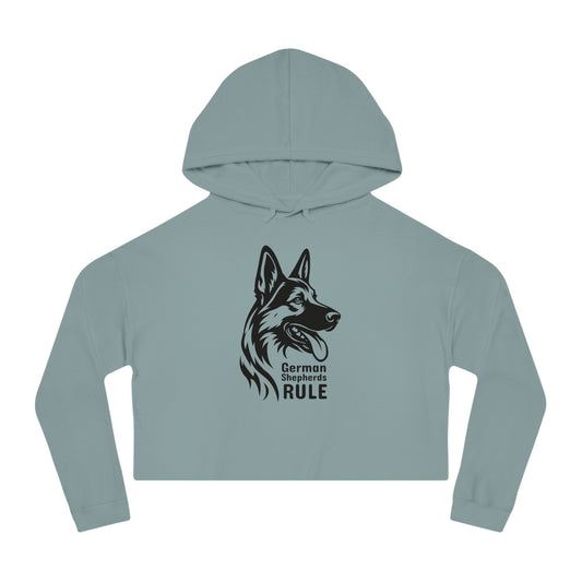 Light blue cropped hoodie with a German Shepherd design and 'German Shepherds Rule' text on a white background.