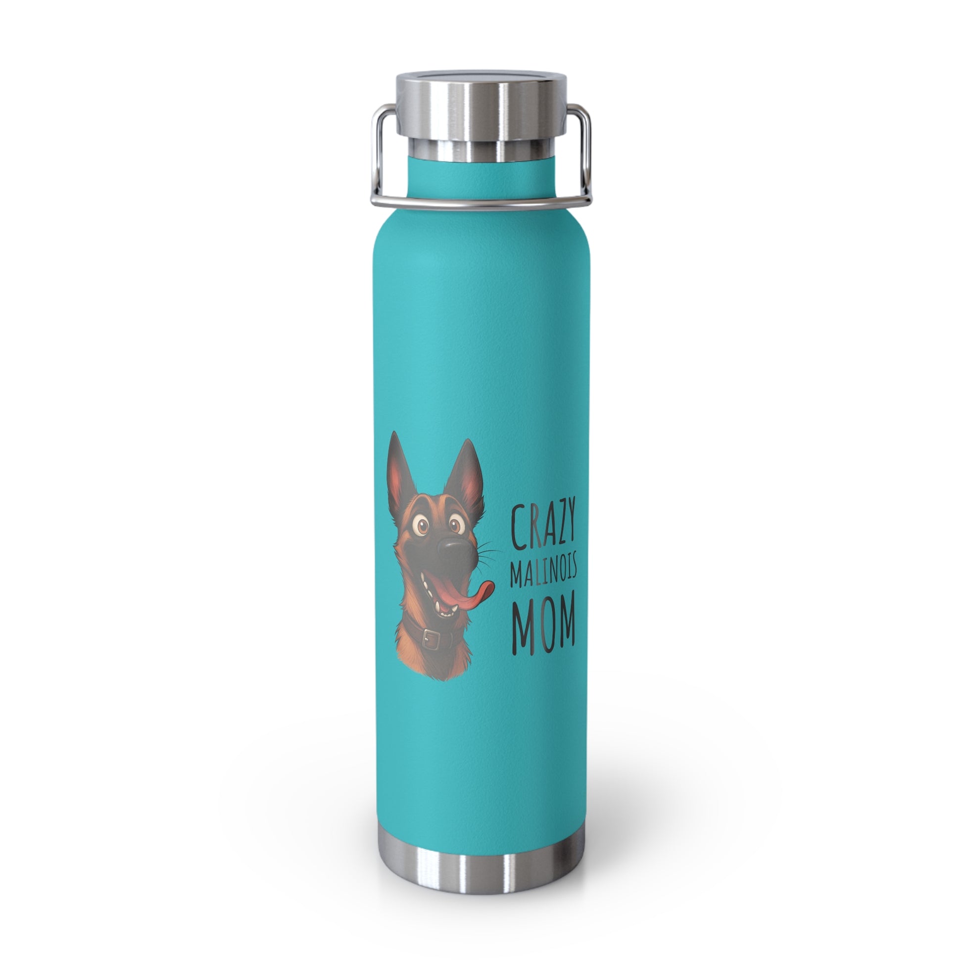 Turquoise water bottle with a dog illustration and text on a white background