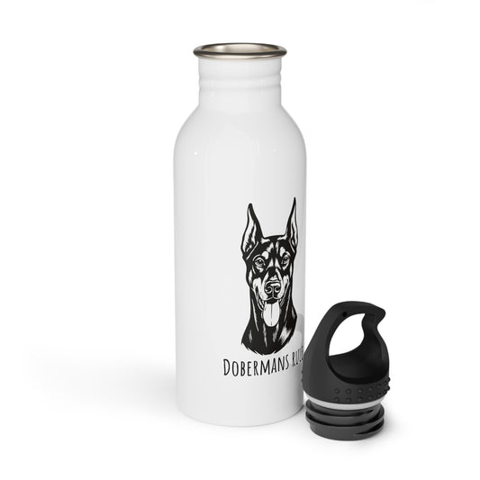 White water bottle with black doberman design and black cap on a white background