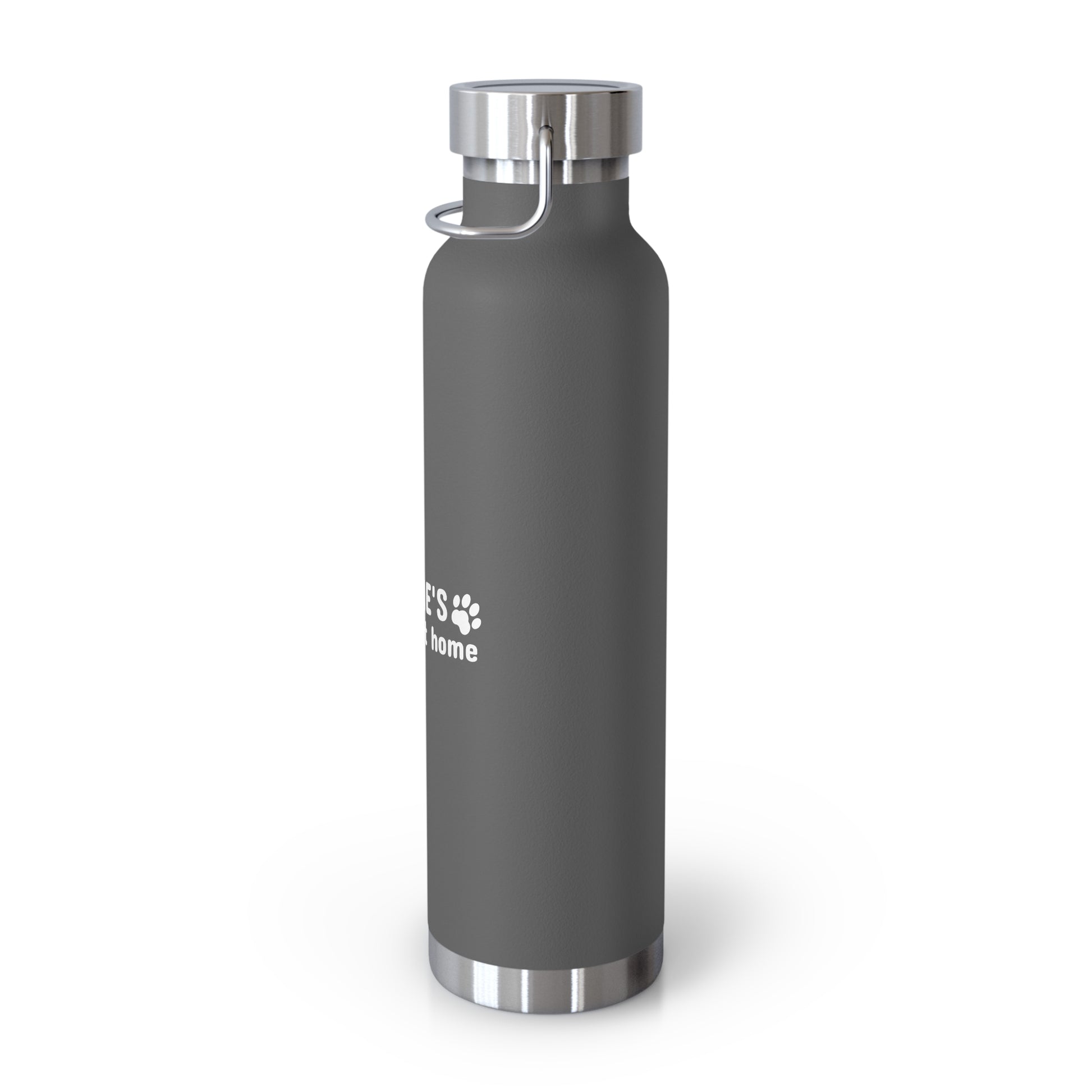 Gray water bottle with silver cap on a white background
