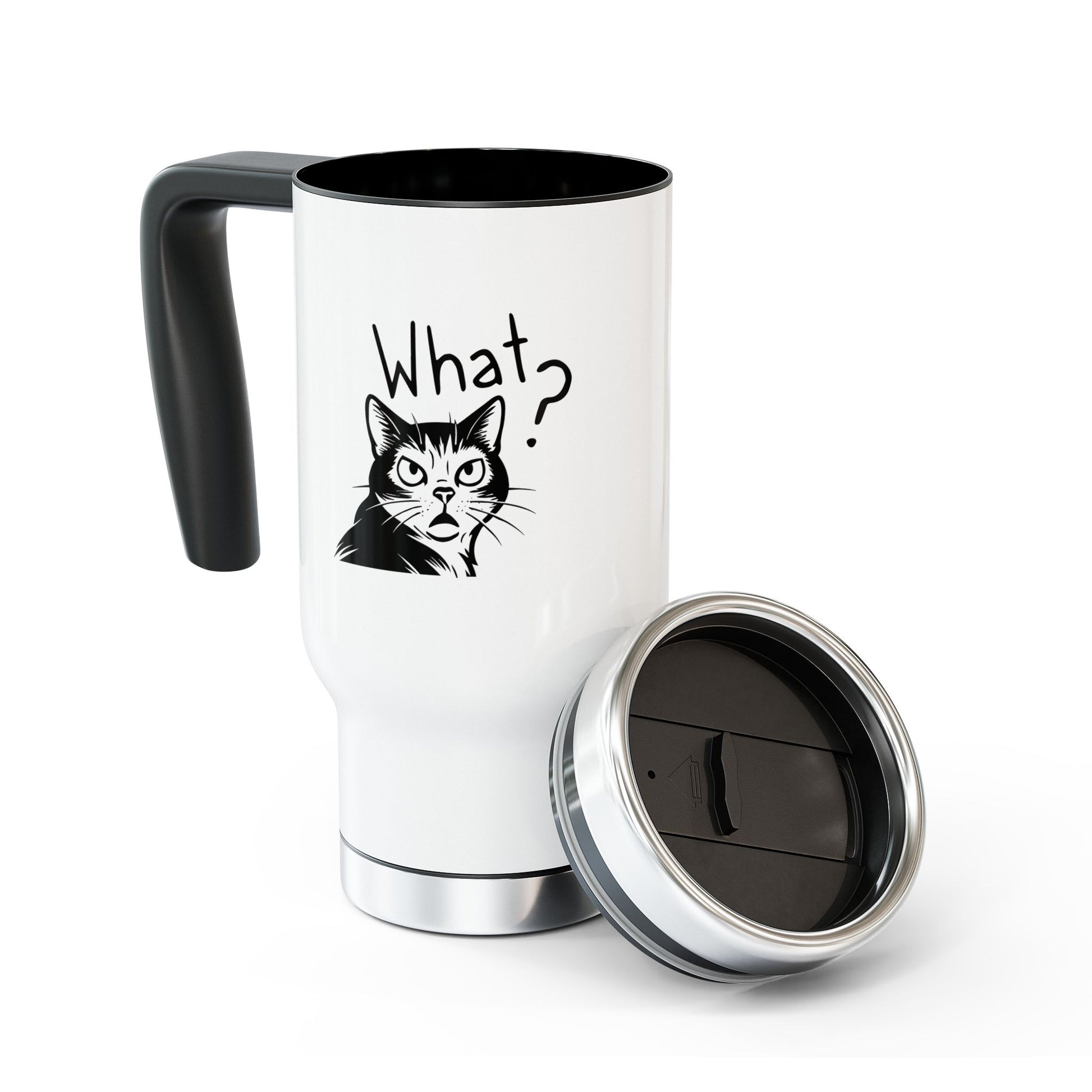 White travel mug with black interior, handle, and cat illustration on a white background