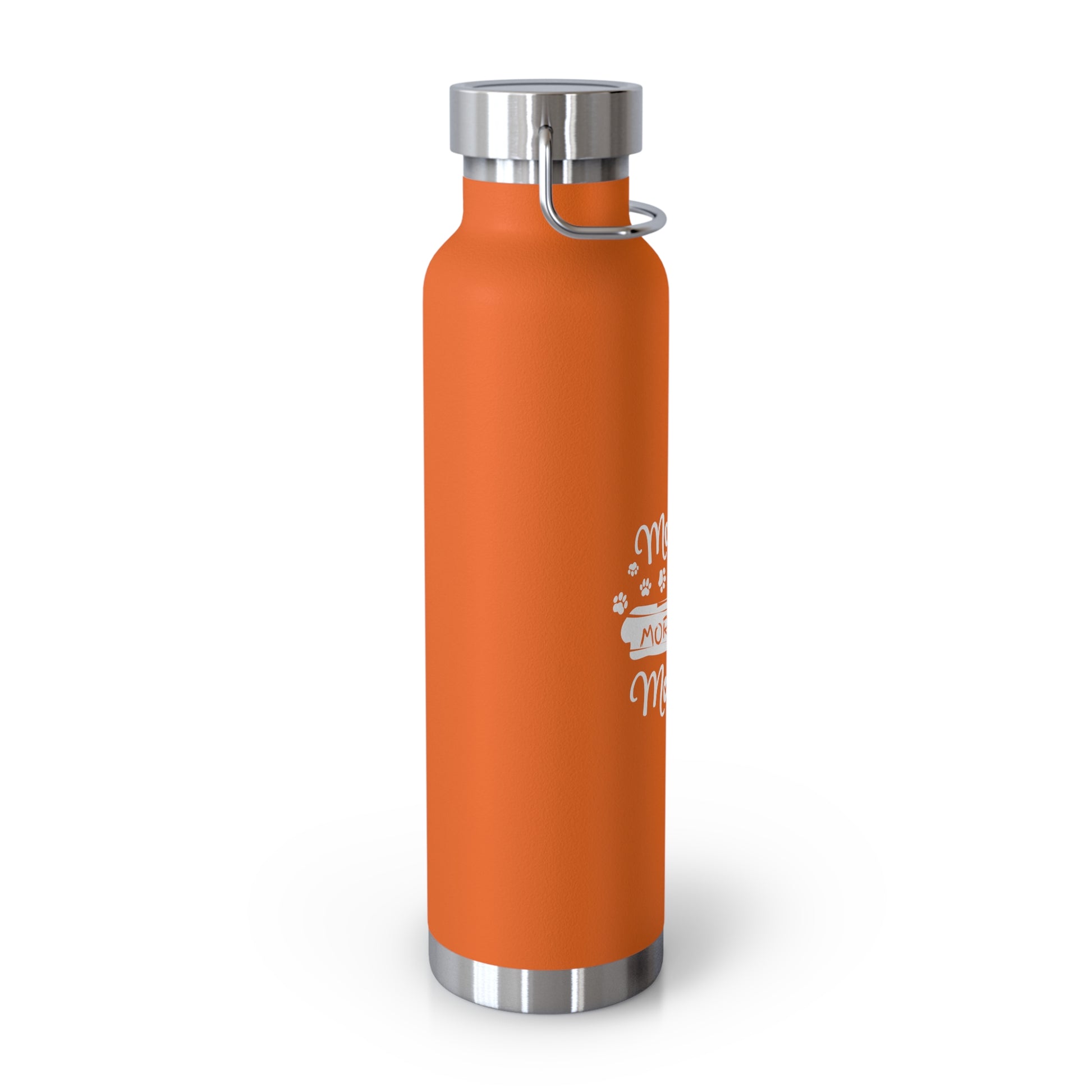 Orange water bottle with silver cap and white text on a white background