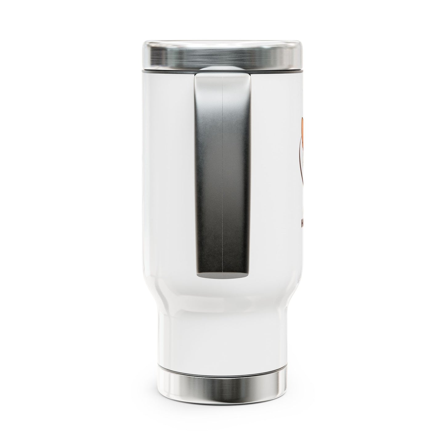 White tumbler with silver lid on a white background
