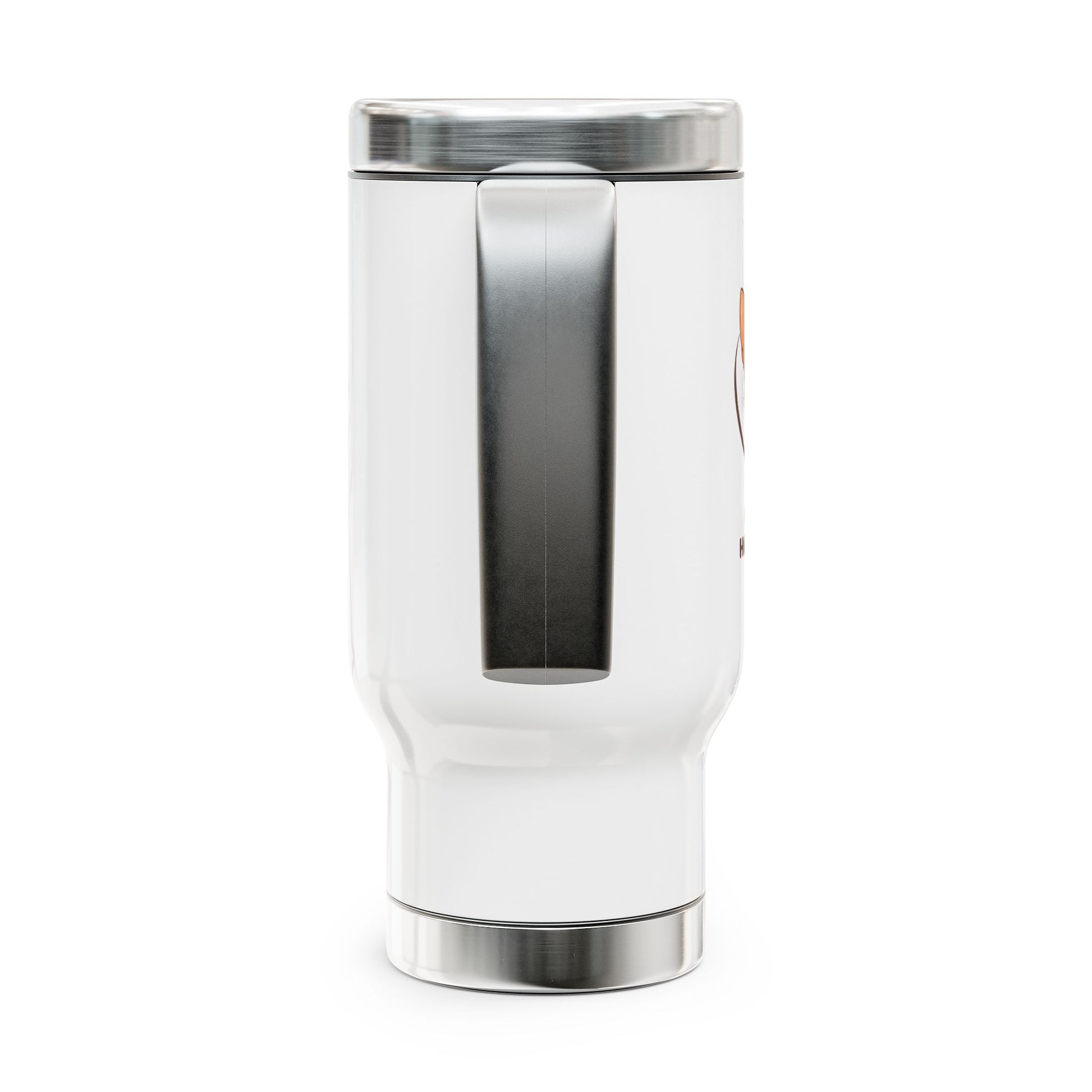 White tumbler with silver lid on a white background