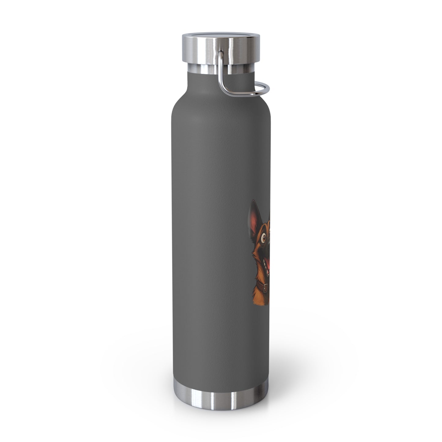 Gray water bottle with a dog illustration on a white background