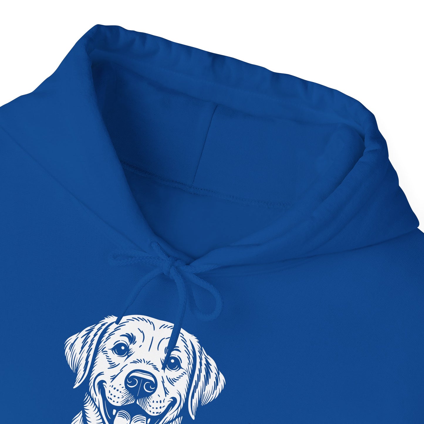 Blue hoodie with a white dog illustration on a white background