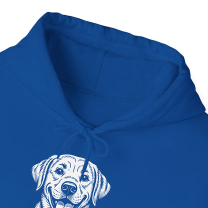 Blue hoodie with a white dog illustration on a white background