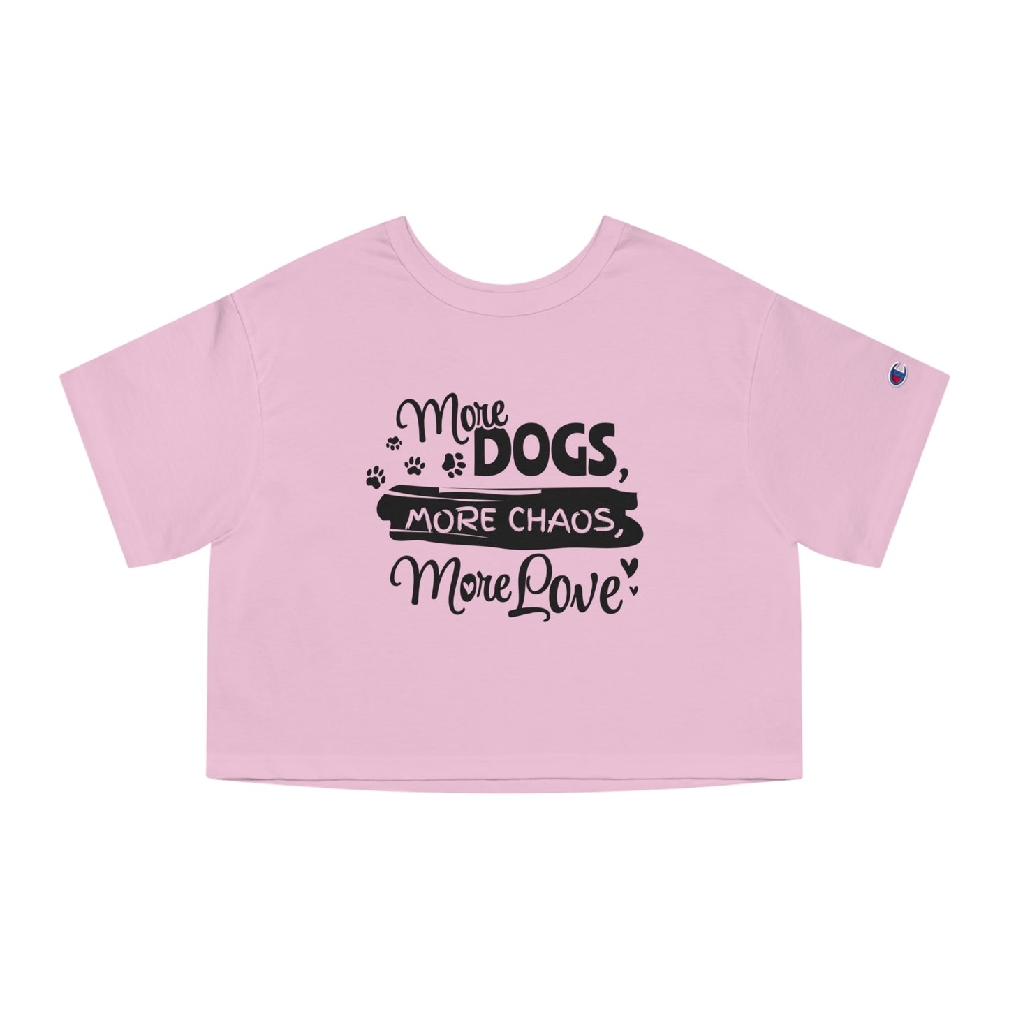 Pink crop top with black text and paw prints on a white background