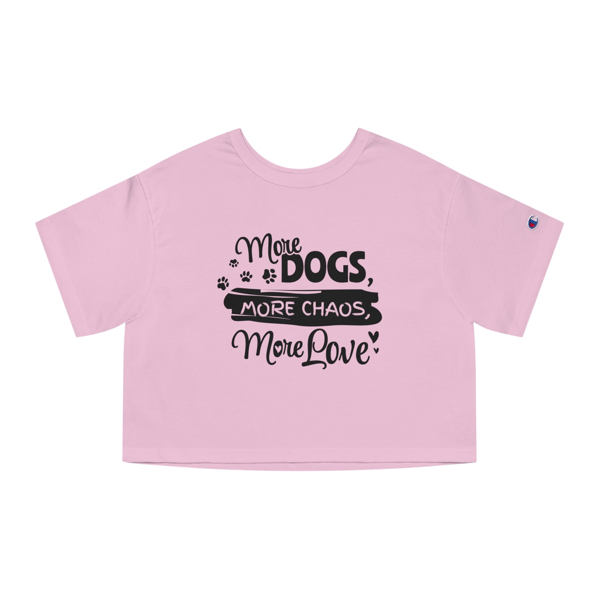 Pink crop top with black text and paw prints on a white background