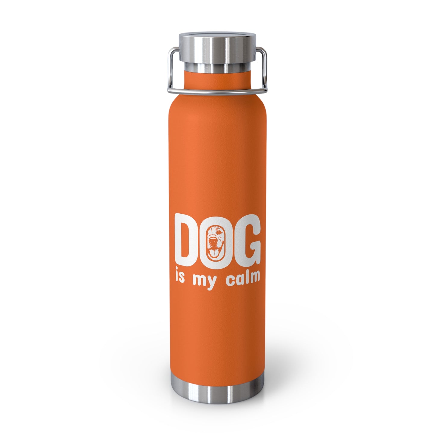 Orange water bottle with 'DOG is my calm' text on a white background