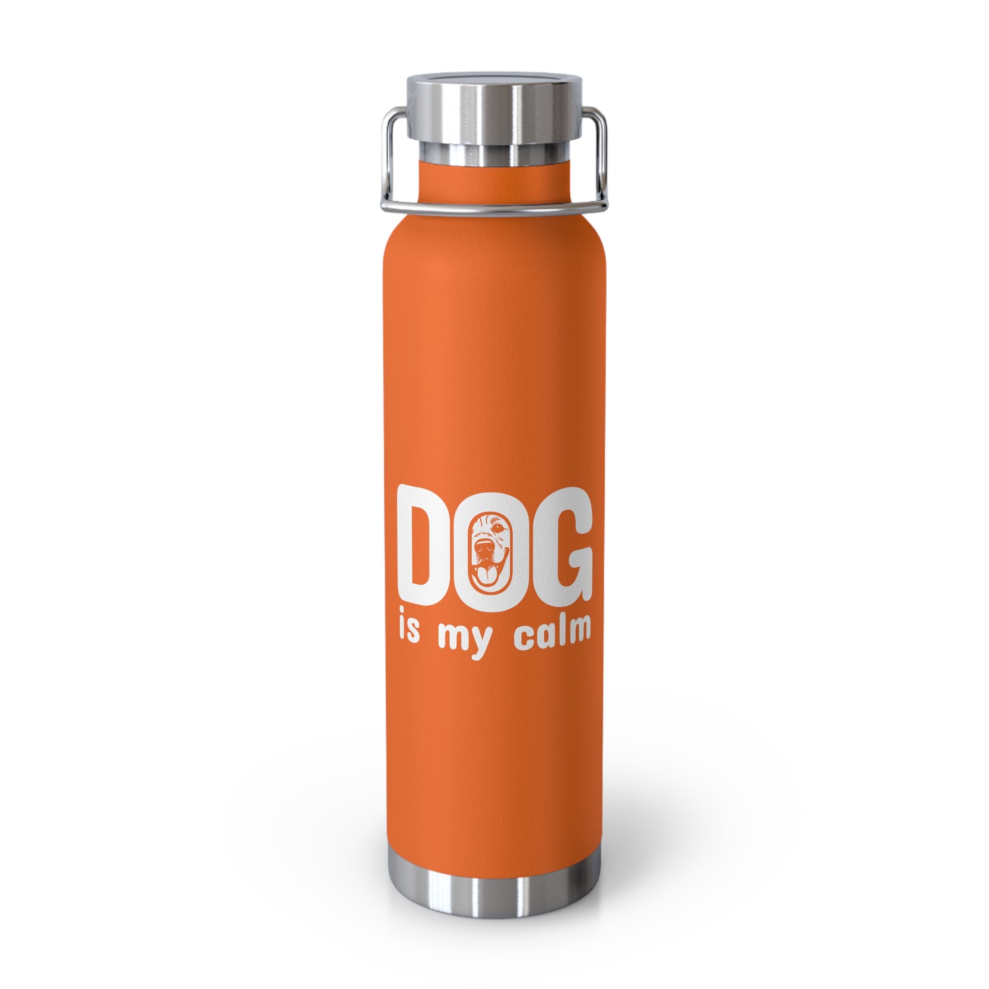 Orange water bottle with 'DOG is my calm' text on a white background