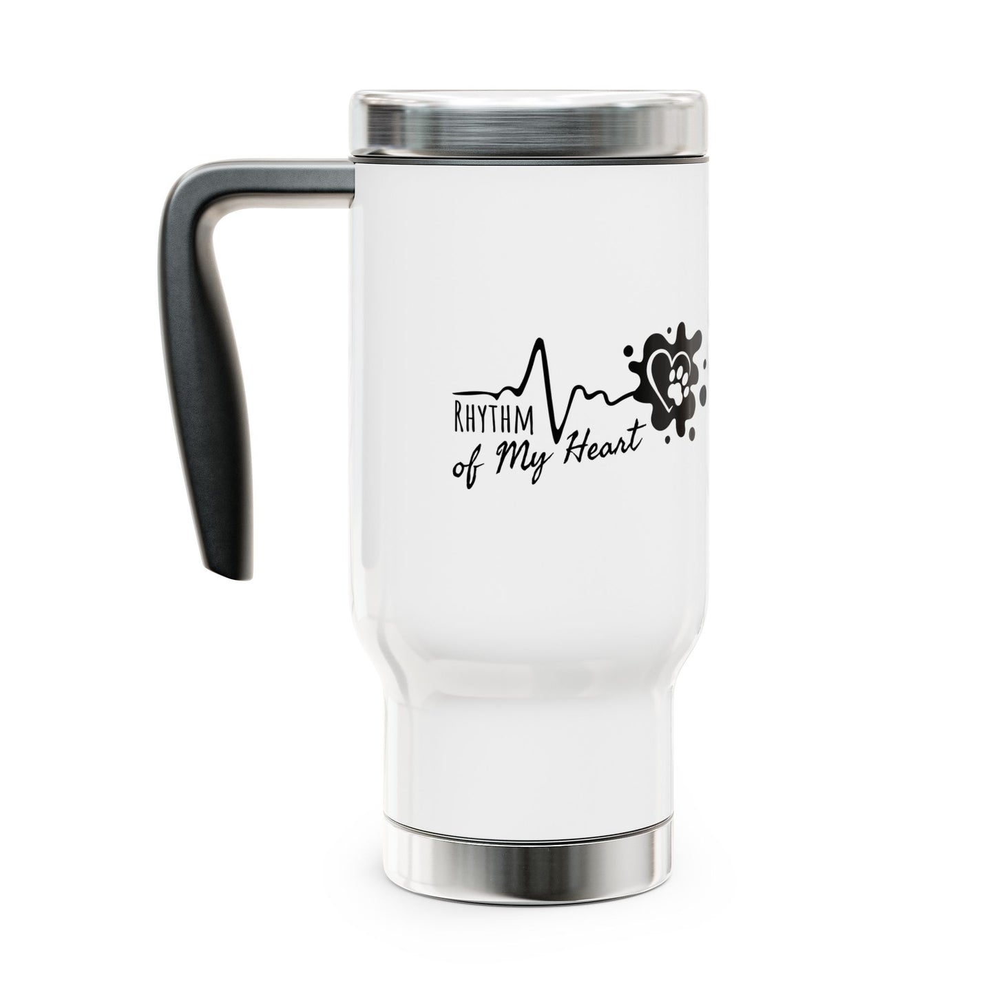 White travel mug with 'Rhythm of My Heart' design on a white background