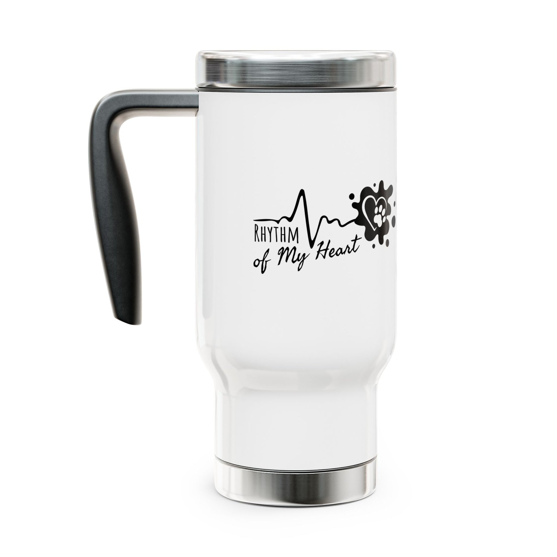 White travel mug with 'Rhythm of My Heart' design on a white background